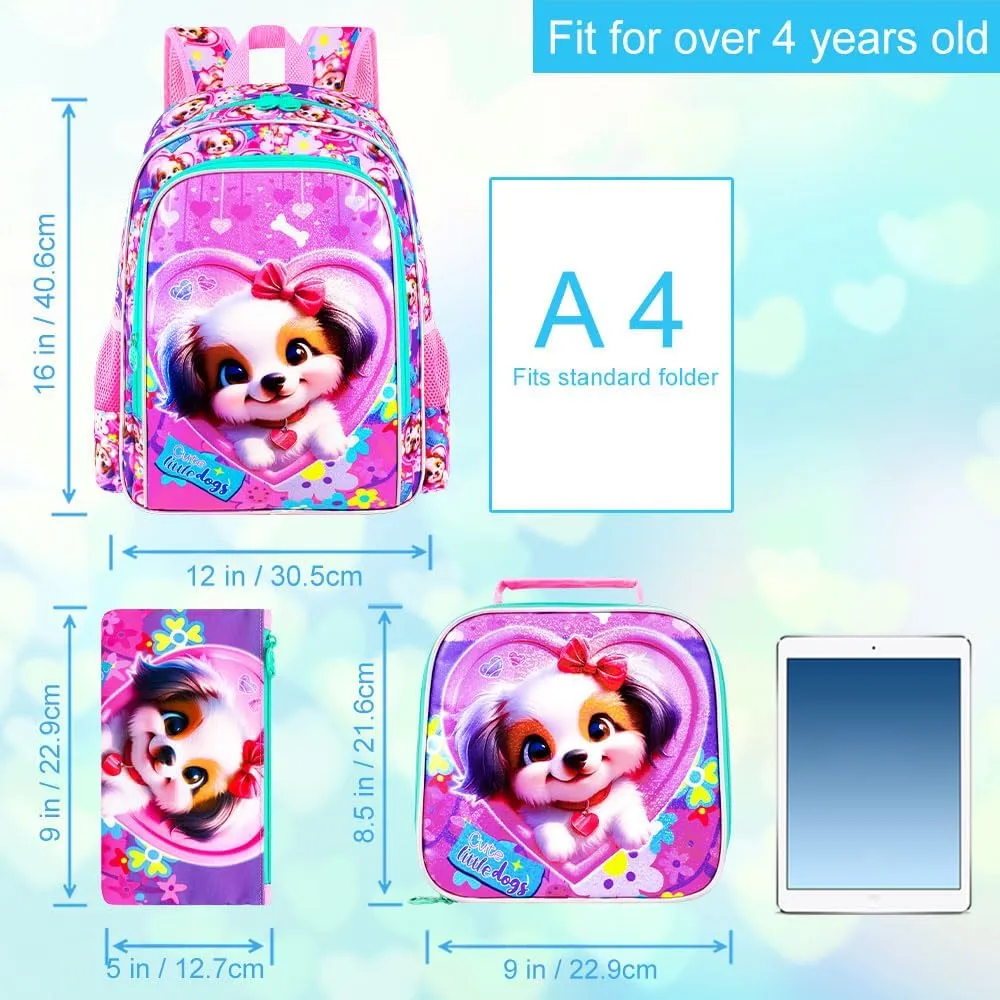 16" Girls Backpack, 3Pcs Kids Bookbag with Lunch Box, School Backpacks for Elementary Preschool Kindergarten