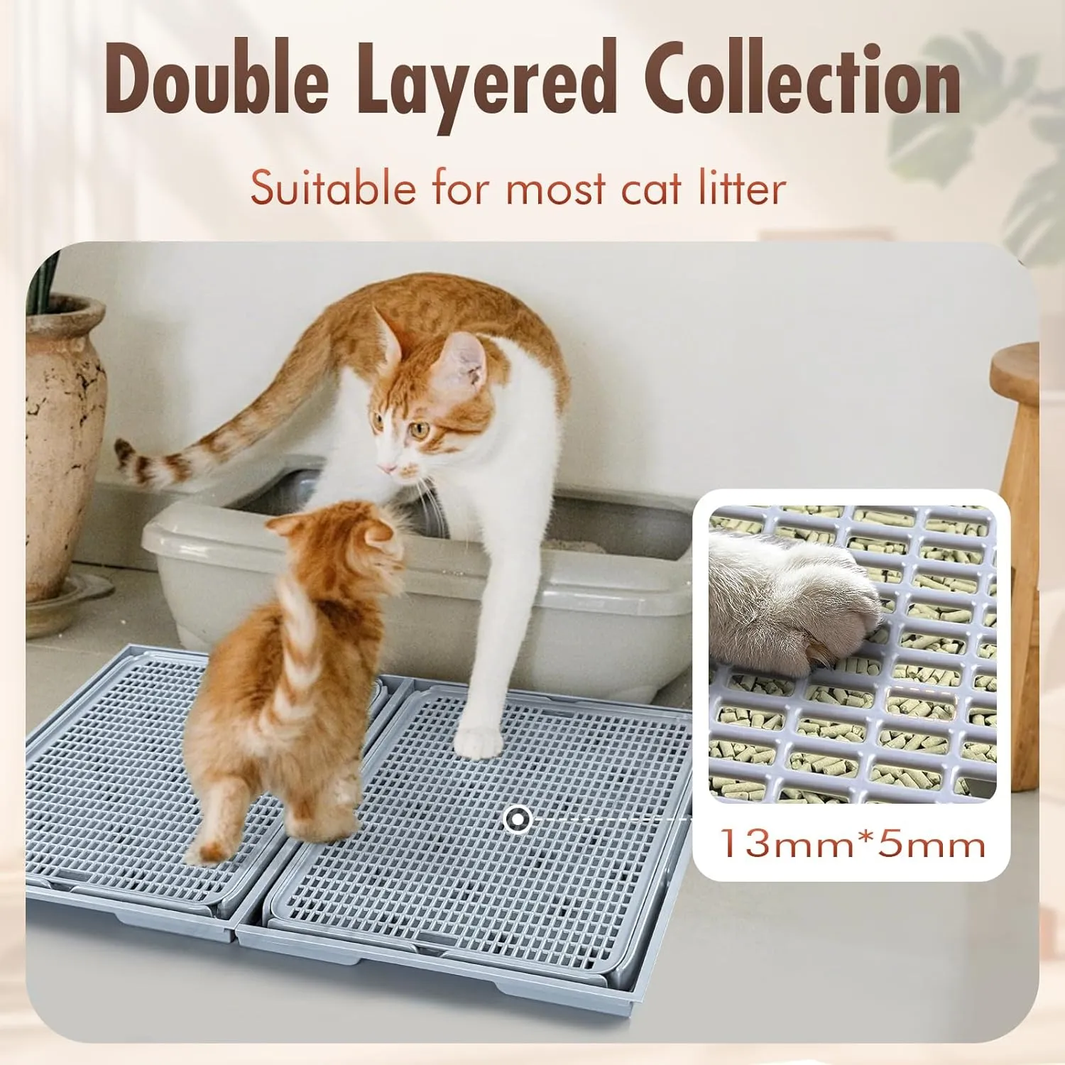 2-Pack Expandable Interlocking Cat Litter Mat 16.5"x11.2" Durable Plastic Litter Mats Double-Layer Mesh Traps Waterproof Litter Box Mat - Grey