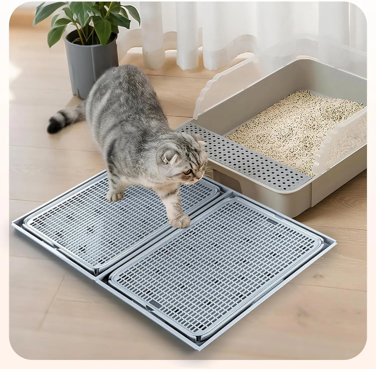 2-Pack Expandable Interlocking Cat Litter Mat 16.5"x11.2" Durable Plastic Litter Mats Double-Layer Mesh Traps Waterproof Litter Box Mat - Grey