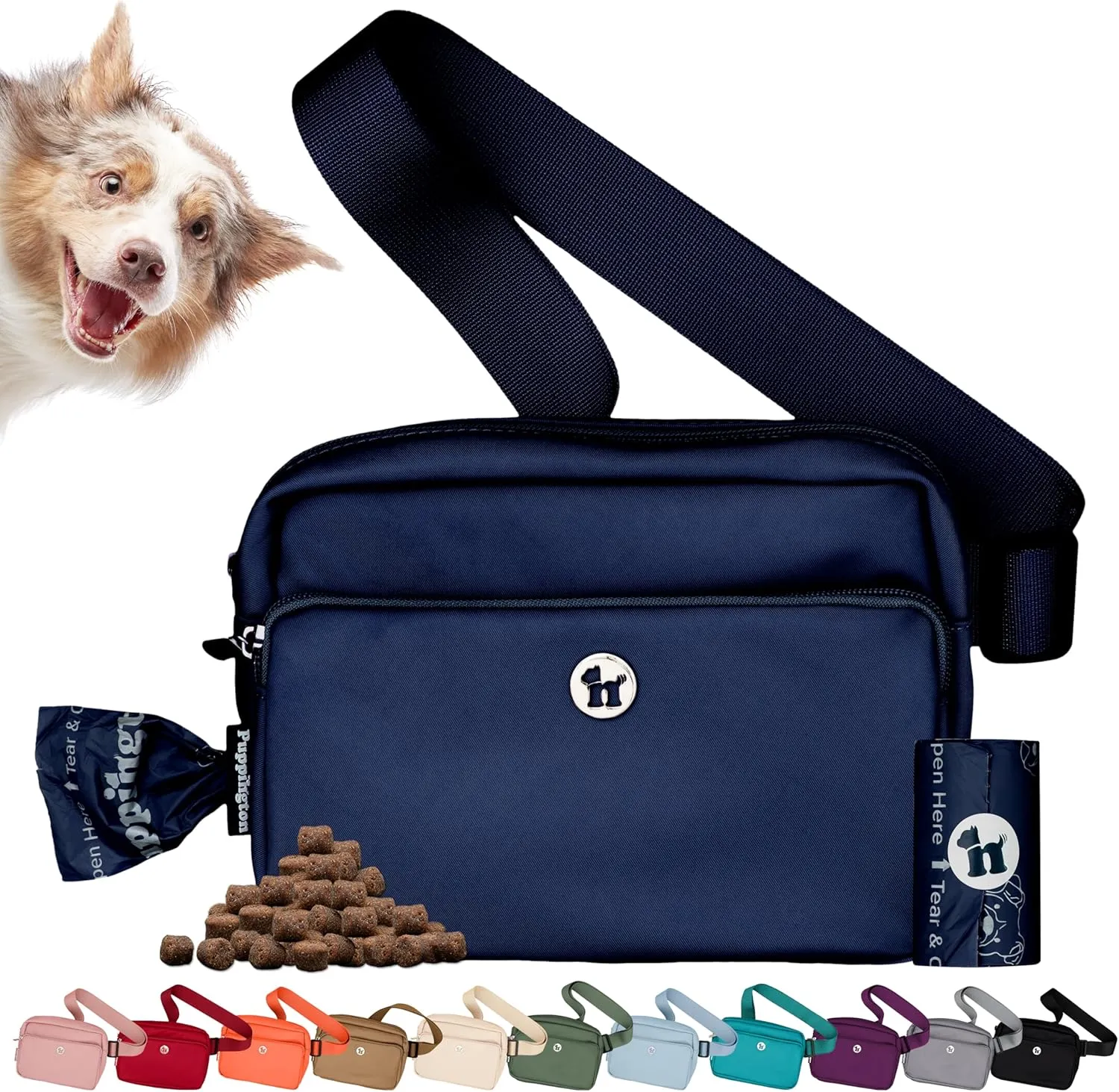 3-in-1 Crossbody Dog Walking Bag & Treat Pouch with Matching Planet Safe Poop Bags & Built-In Dispenser - Zippered Pockets (Navy Blue)
