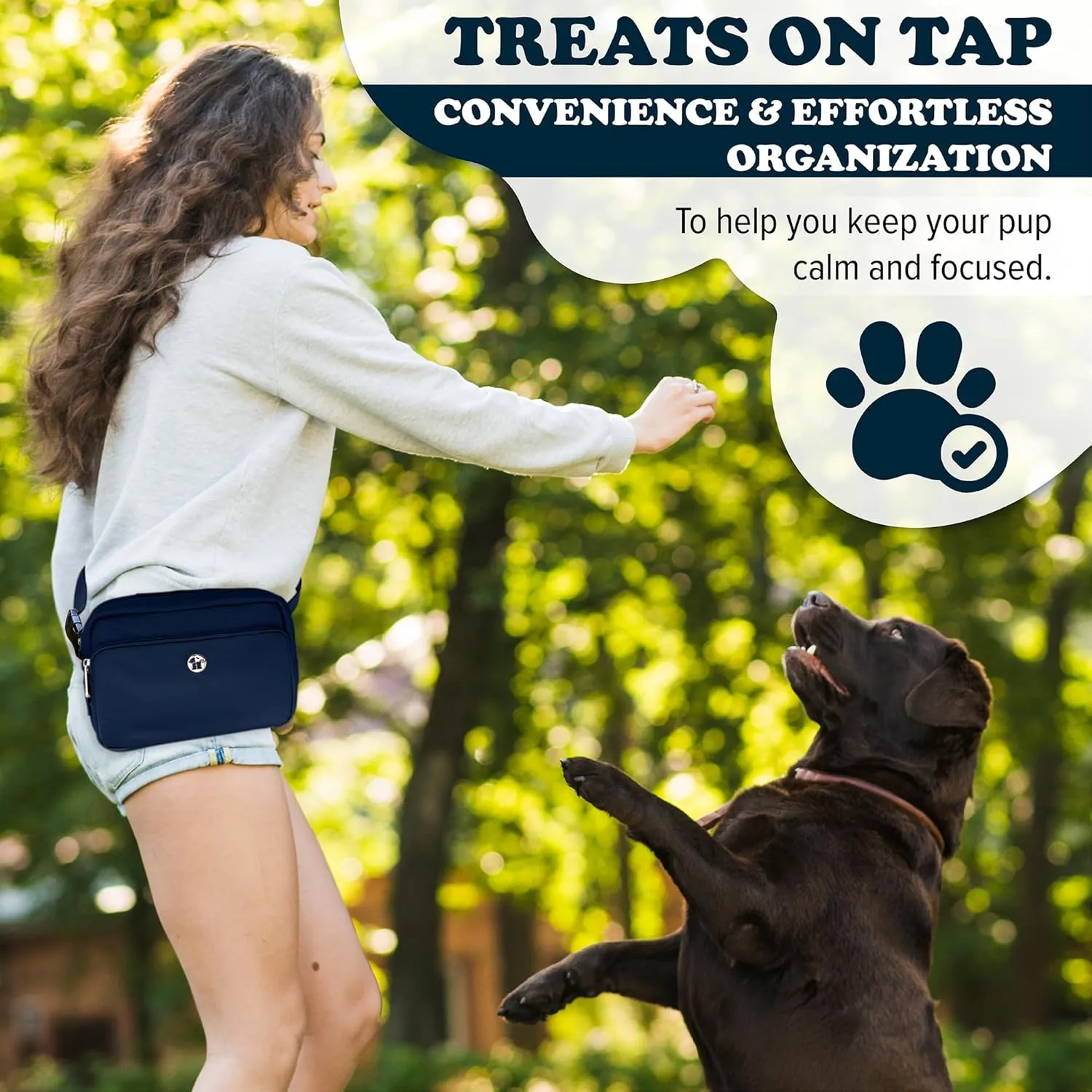 3-in-1 Crossbody Dog Walking Bag & Treat Pouch with Matching Planet Safe Poop Bags & Built-In Dispenser - Zippered Pockets (Navy Blue)