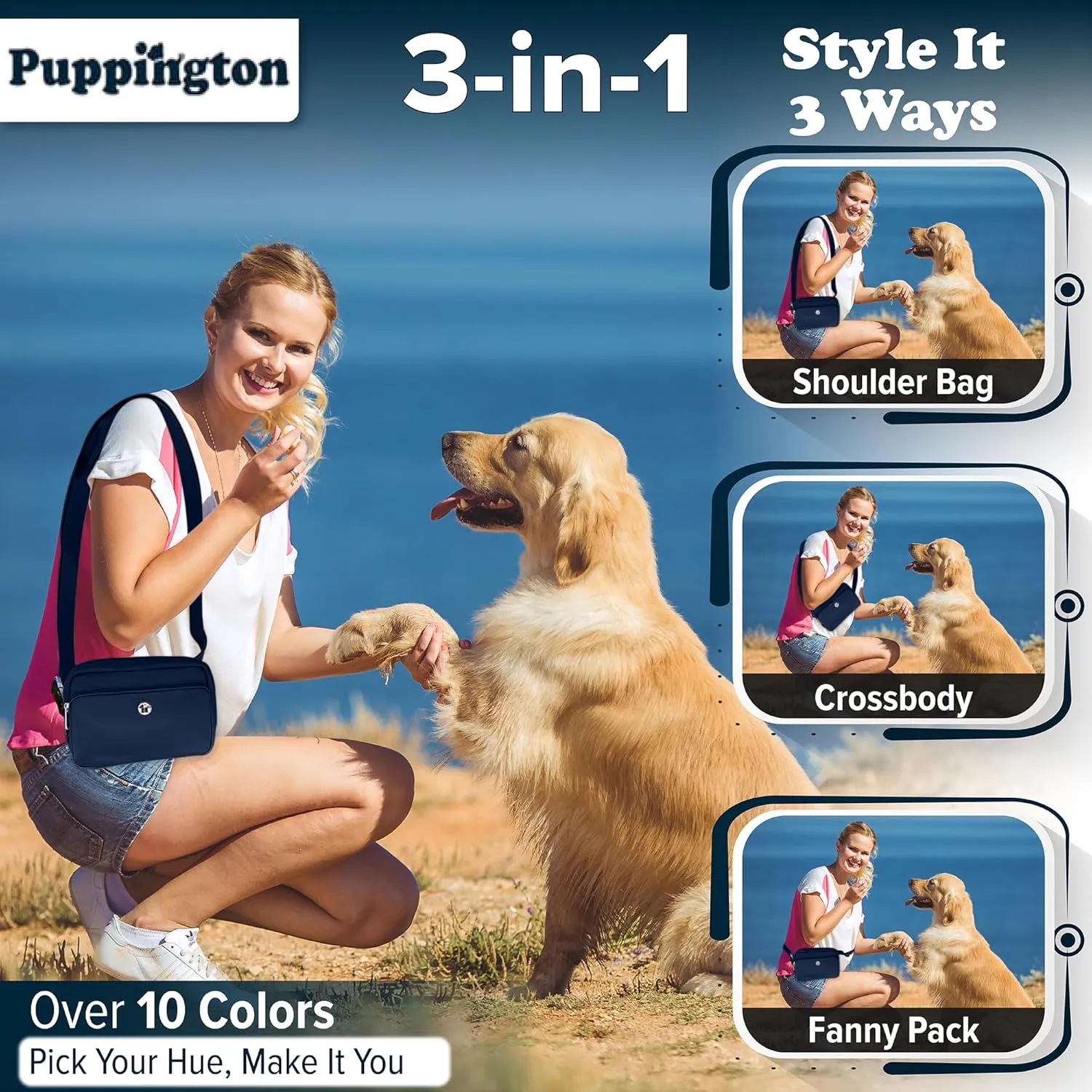 3-in-1 Crossbody Dog Walking Bag & Treat Pouch with Matching Planet Safe Poop Bags & Built-In Dispenser - Zippered Pockets (Navy Blue)