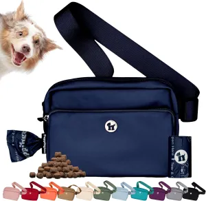 3-in-1 Crossbody Dog Walking Bag & Treat Pouch with Matching Planet Safe Poop Bags & Built-In Dispenser - Zippered Pockets (Navy Blue)