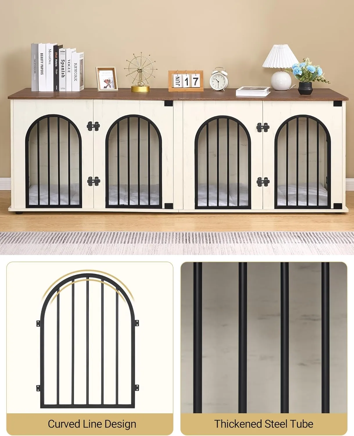 71" Dog Crate Furniture for 2 Dogs, Heavy Duty Indoor Dog Kennel TV Stand, XXL Wooden Dog Cage with Divider for Medium Large Dogs, End Table Dog Crate with Cushion, White Brown DFC81914B