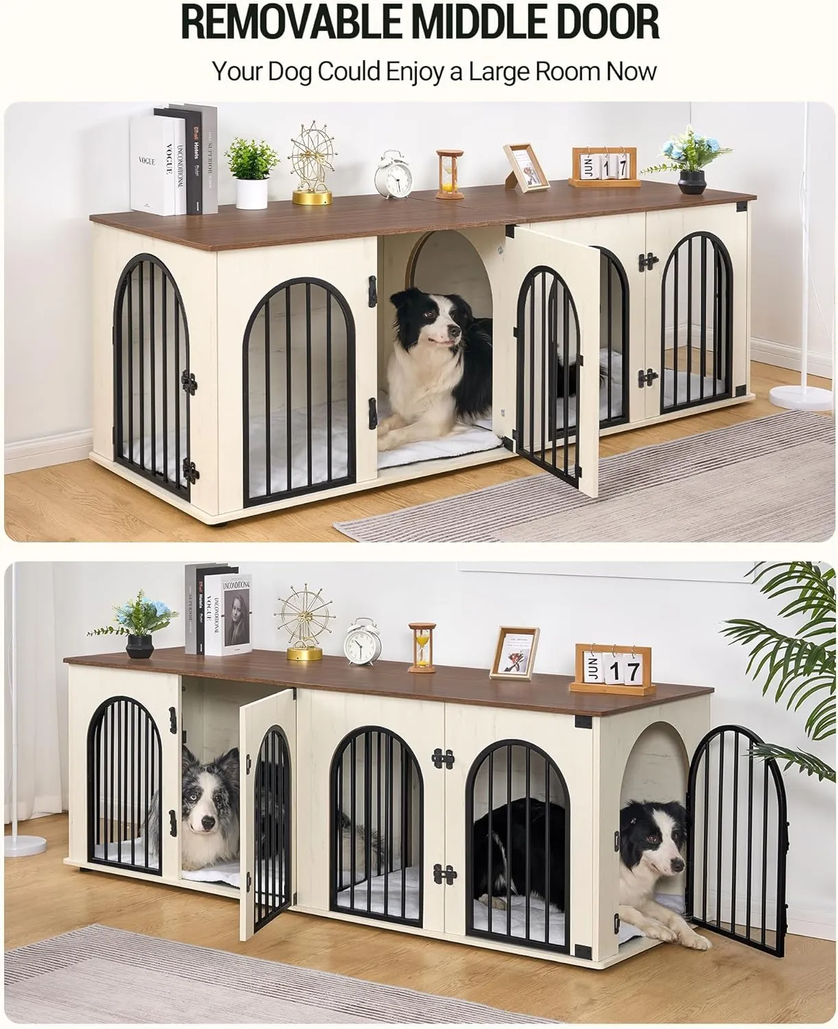 71" Dog Crate Furniture for 2 Dogs, Heavy Duty Indoor Dog Kennel TV Stand, XXL Wooden Dog Cage with Divider for Medium Large Dogs, End Table Dog Crate with Cushion, White Brown DFC81914B