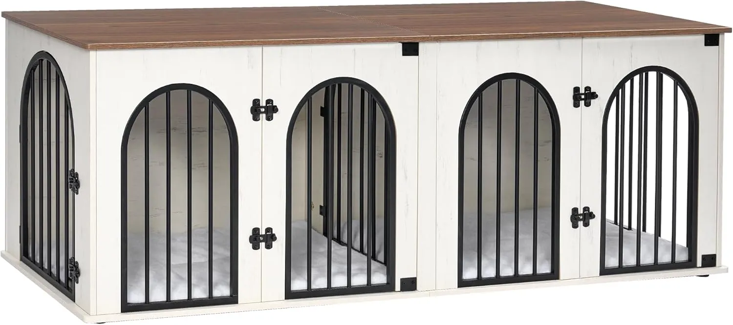71" Dog Crate Furniture for 2 Dogs, Heavy Duty Indoor Dog Kennel TV Stand, XXL Wooden Dog Cage with Divider for Medium Large Dogs, End Table Dog Crate with Cushion, White Brown DFC81914B