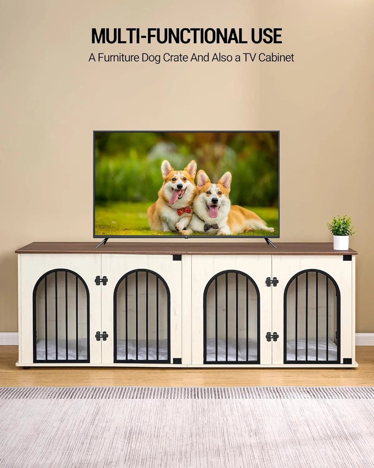 71" Dog Crate Furniture for 2 Dogs, Heavy Duty Indoor Dog Kennel TV Stand, XXL Wooden Dog Cage with Divider for Medium Large Dogs, End Table Dog Crate with Cushion, White Brown DFC81914B