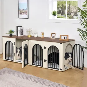 71" Dog Crate Furniture for 2 Dogs, Heavy Duty Indoor Dog Kennel TV Stand, XXL Wooden Dog Cage with Divider for Medium Large Dogs, End Table Dog Crate with Cushion, White Brown DFC81914B