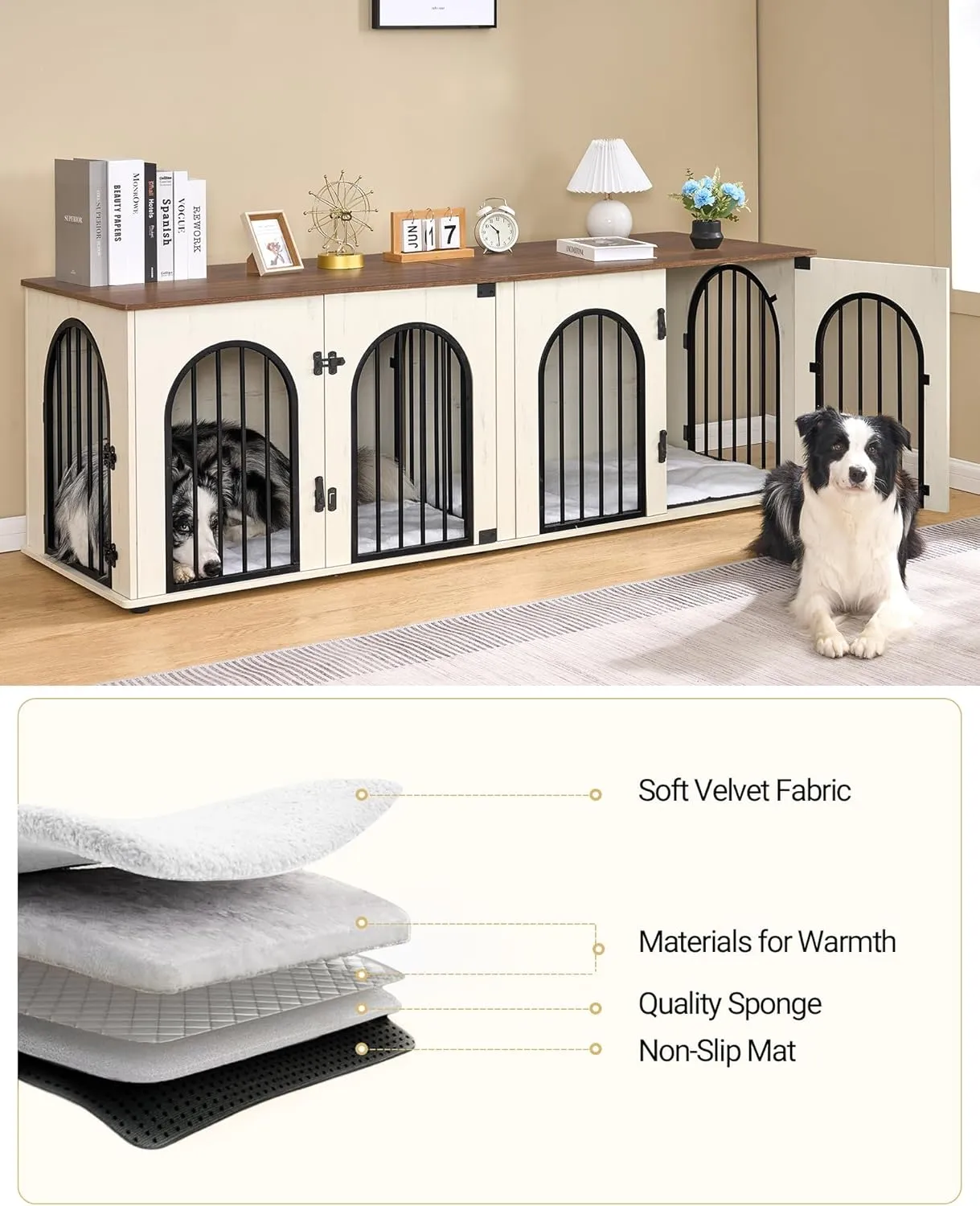 71" Dog Crate Furniture for 2 Dogs, Heavy Duty Indoor Dog Kennel TV Stand, XXL Wooden Dog Cage with Divider for Medium Large Dogs, End Table Dog Crate with Cushion, White Brown DFC81914B