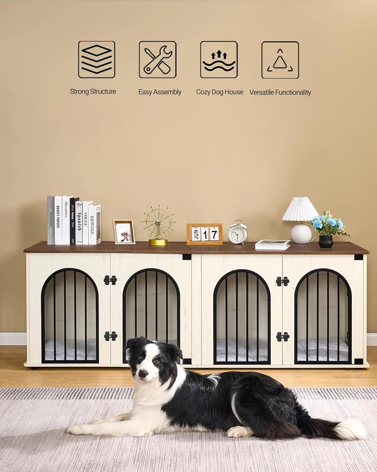 71" Dog Crate Furniture for 2 Dogs, Heavy Duty Indoor Dog Kennel TV Stand, XXL Wooden Dog Cage with Divider for Medium Large Dogs, End Table Dog Crate with Cushion, White Brown DFC81914B