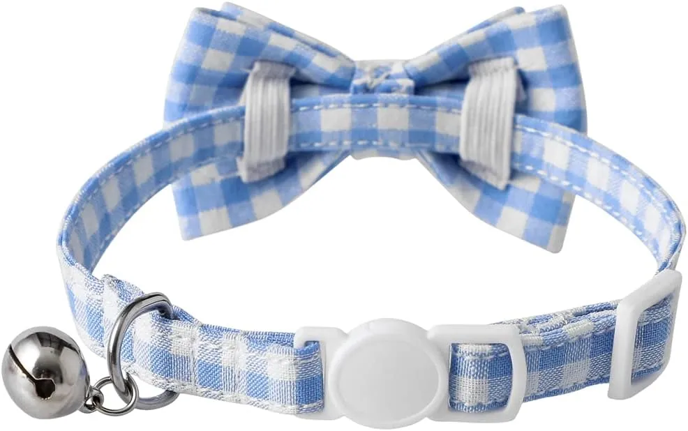 AIITLE Breakaway Cat Collar with Cute Bow Tie and Bell, Detachable Adjustable Safety Collars for Girl Cats and Boy Cats, Kittens, Puppy, Soft Stylish Plaid Patterns Cat Collars,Blue