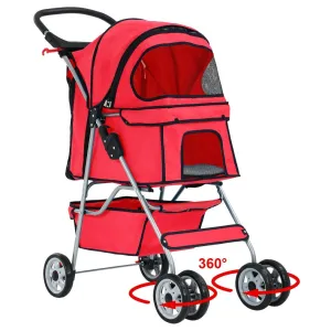 HHS 4 Wheels Pet Stroller Cat Dog Strollers Double Folding Carrier Cart Jogger Doggy Puppy Stroller with Zipper Mesh Door, Up to 33Lbs, Red, 17.5 inches (L) x 33 inches (W) x 38.6 inches (H)