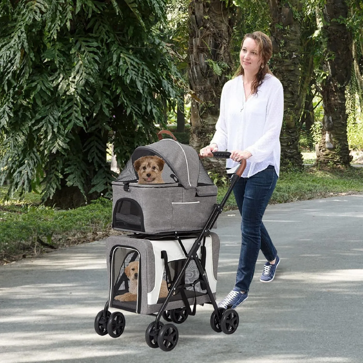 kinbor Double Pet Stroller for 2 Dogs Cats - Portable 4 Wheels Dog Strollers with 2 Detachable Carrier Cages and Cushions for Small Dogs, 3 in 1 Cat Seat Folding Travel Carrier, Grey