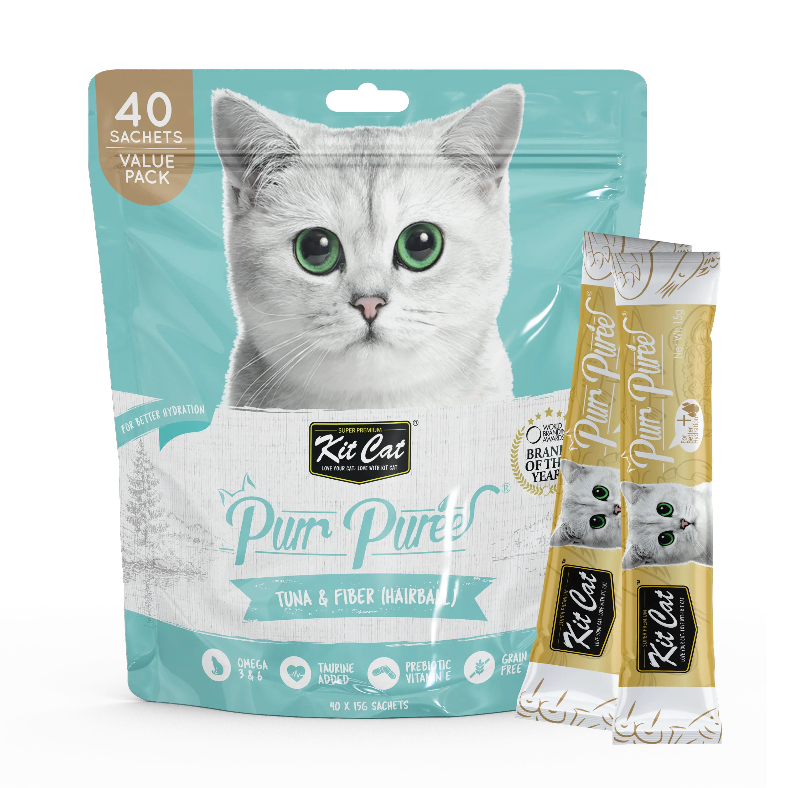 Kit Cat Purr Puree Liquid Cat Treats Value Pack - Tuna & Fiber (Hairball Control) (40 Sticks)