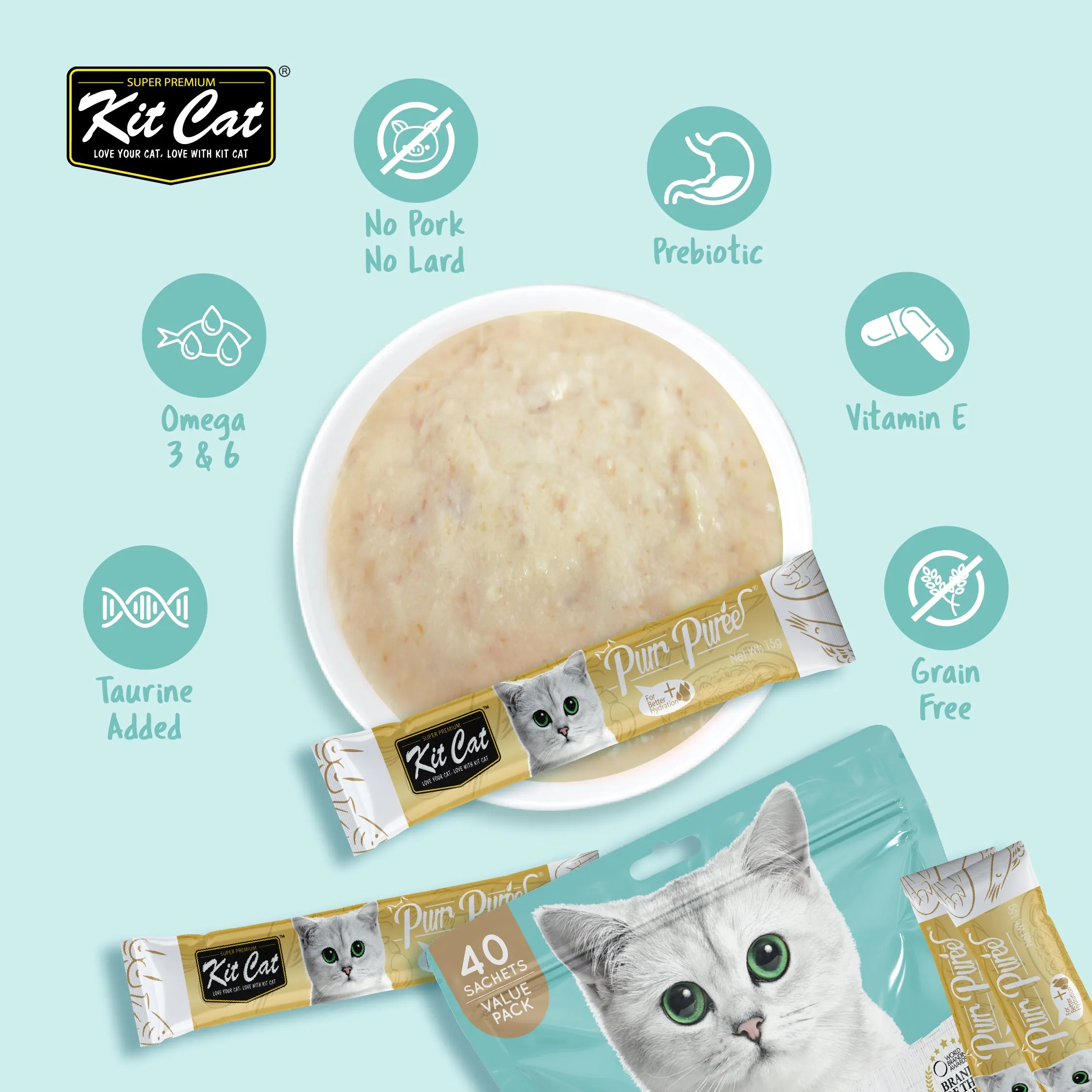 Kit Cat Purr Puree Liquid Cat Treats Value Pack - Tuna & Fiber (Hairball Control) (40 Sticks)