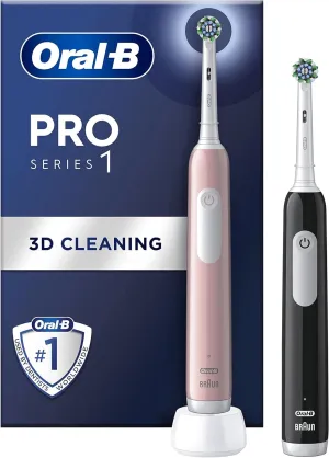 Oral-B Pro 1 X2 Electric Toothbrushes – 3D Cleaning, Gum Pressure Control, Pink & Black, UK 2-Pin Plug – Perfect Gift for Her/Him