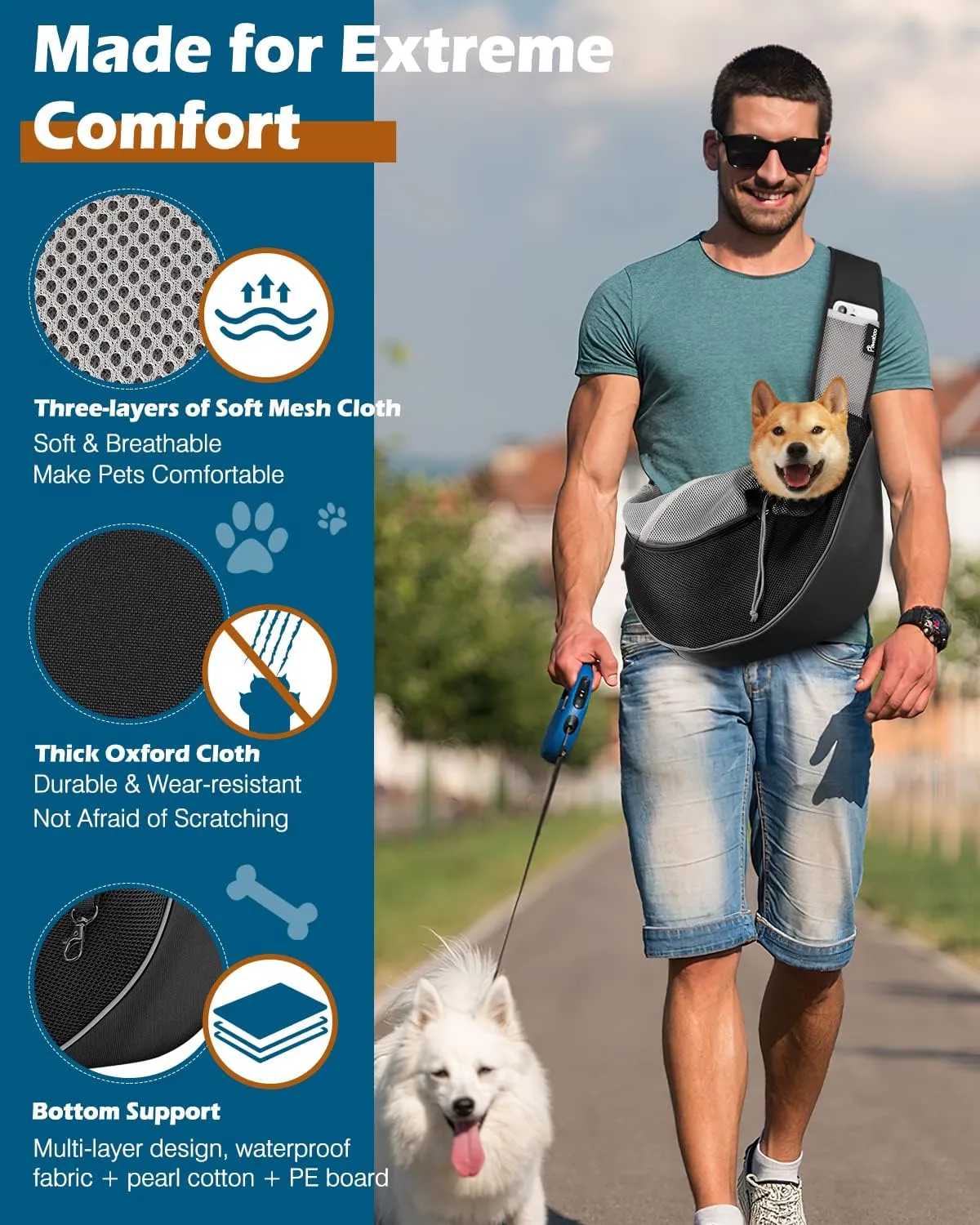 Pawaboo Dog Sling Carrier, Dog Papoose with Zipper Touch Pocket, Hand Free Breathable Mesh Puppy Carrier, Crossbody Satchel Dog Purse with Adjustable Strap for Outdoor Travel, Black, Medium