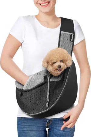 Pawaboo Dog Sling Carrier, Dog Papoose with Zipper Touch Pocket, Hand Free Breathable Mesh Puppy Carrier, Crossbody Satchel Dog Purse with Adjustable Strap for Outdoor Travel, Black, Medium