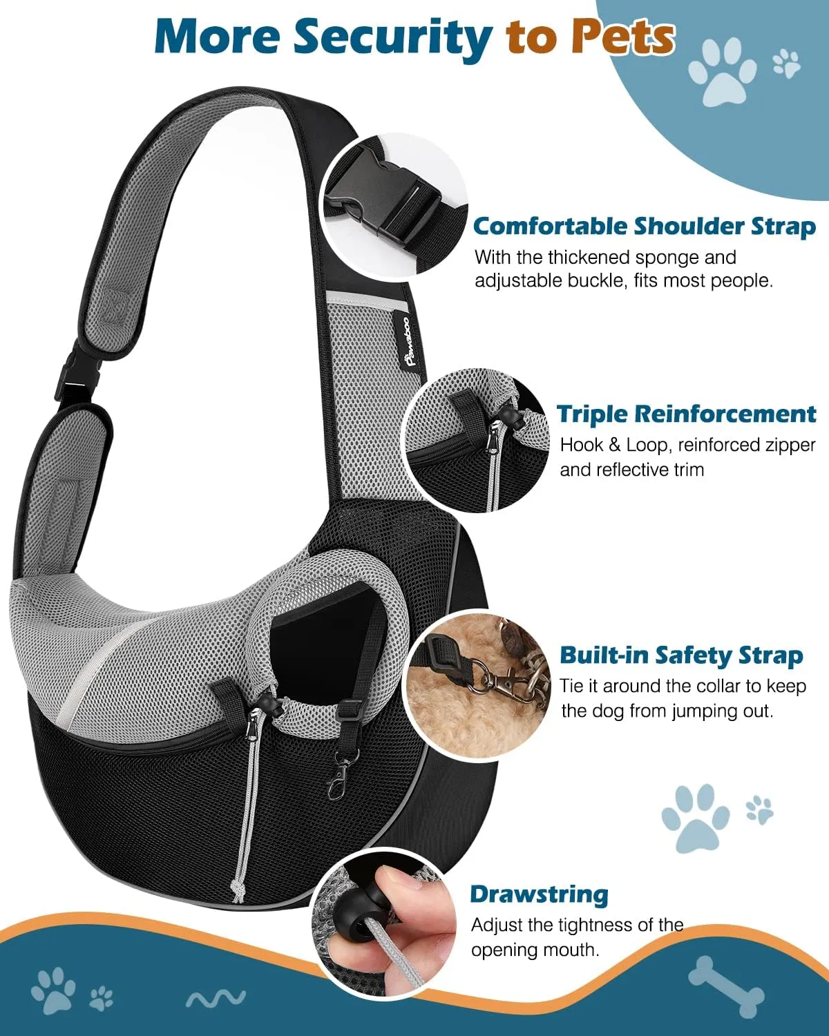 Pawaboo Dog Sling Carrier, Dog Papoose with Zipper Touch Pocket, Hand Free Breathable Mesh Puppy Carrier, Crossbody Satchel Dog Purse with Adjustable Strap for Outdoor Travel, Black, Medium