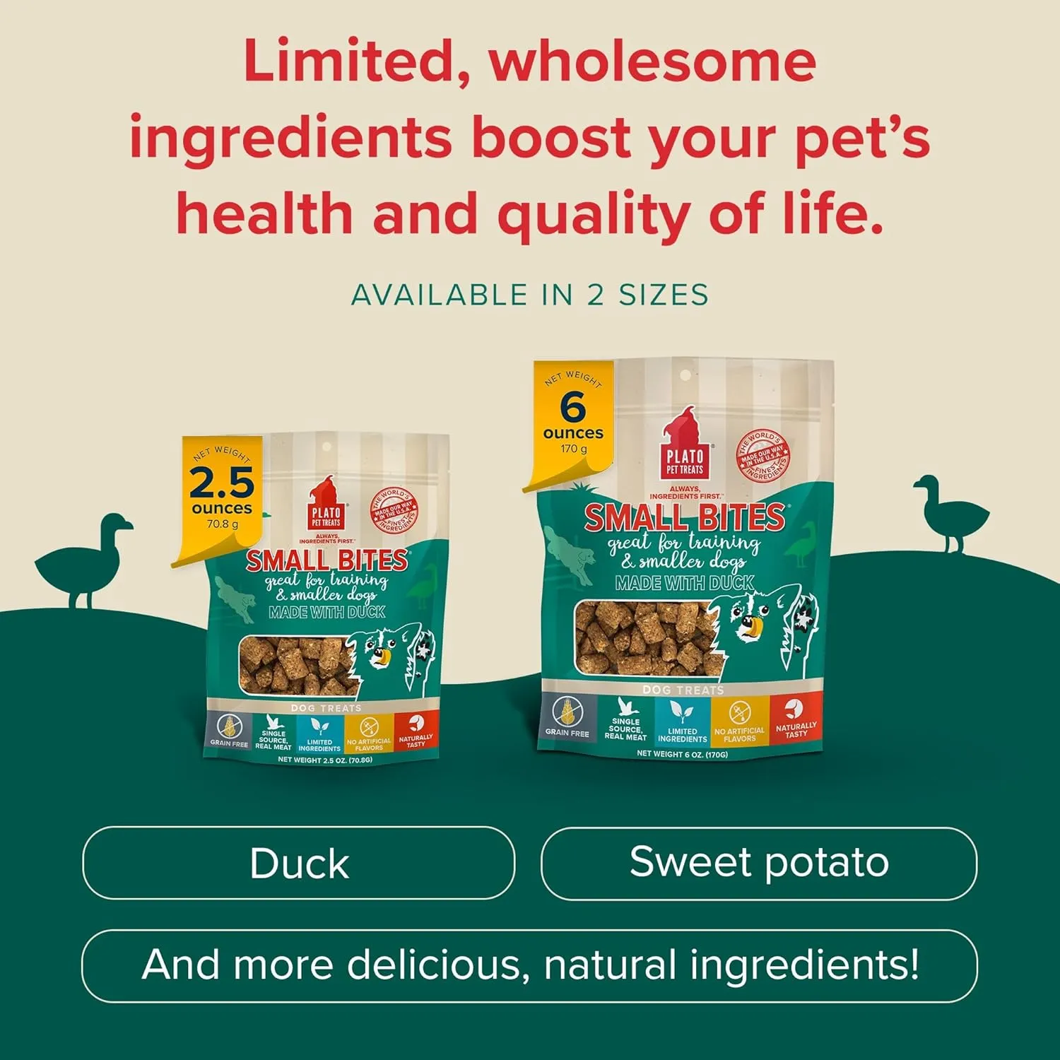 Plato Pet Treats Air Dried Small Bites Dog Treats, Natural Bite Sized Real Meat & Duck, Grain Free & High Protein, Made in the USA, 6oz
