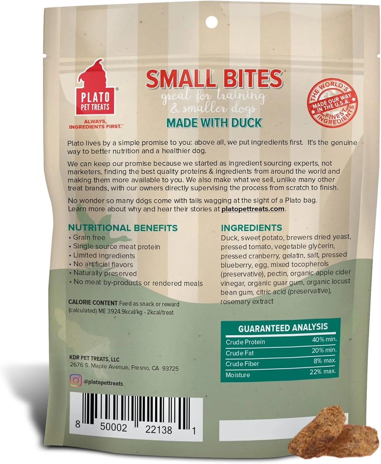 Plato Pet Treats Air Dried Small Bites Dog Treats, Natural Bite Sized Real Meat & Duck, Grain Free & High Protein, Made in the USA, 6oz