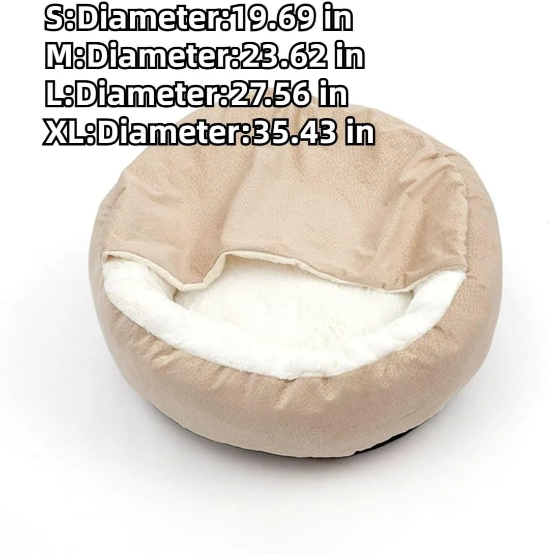 Small Dog Bed with Cover Cave - Covered Round Puppy Bed with Hooded Blanket, Machine Washable Burrow Pet Bed for Small Dogs and Cats, Cozy Cave Dog Bed with Anti-Slip Bottom (Beige,Large)