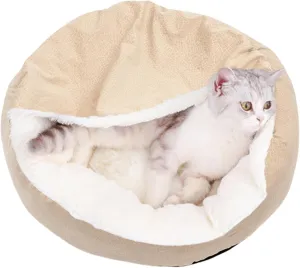 Small Dog Bed with Cover Cave - Covered Round Puppy Bed with Hooded Blanket, Machine Washable Burrow Pet Bed for Small Dogs and Cats, Cozy Cave Dog Bed with Anti-Slip Bottom (Beige,Large)