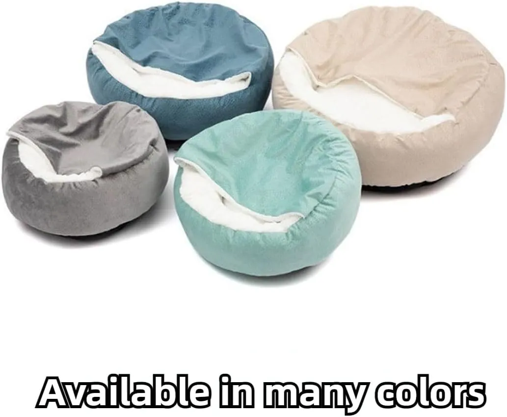 Small Dog Bed with Cover Cave - Covered Round Puppy Bed with Hooded Blanket, Machine Washable Burrow Pet Bed for Small Dogs and Cats, Cozy Cave Dog Bed with Anti-Slip Bottom (Beige,Large)