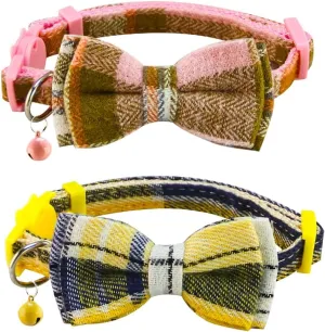 SuperBuddy Cat Collars Breakaway with Cute Bow Bell - 2 Pack Kitten Collar Plaid Cat Collar with Removable Bowtie Cat Collar for Cats Kittens