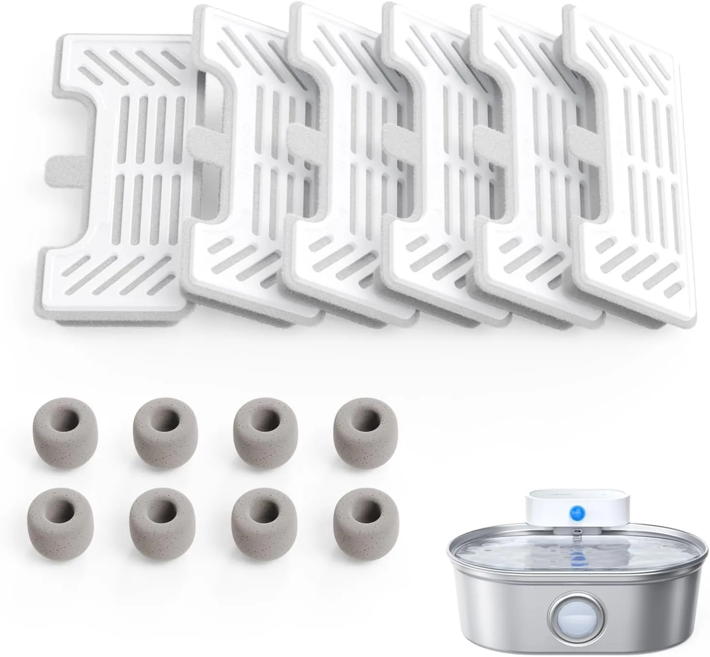 uahpet 6 Pack Replacement Filters & 8 Pack Replacement Filter Sponges for Stainless Steel Pet Fountain Pro (with water level window version), water fountain is not included