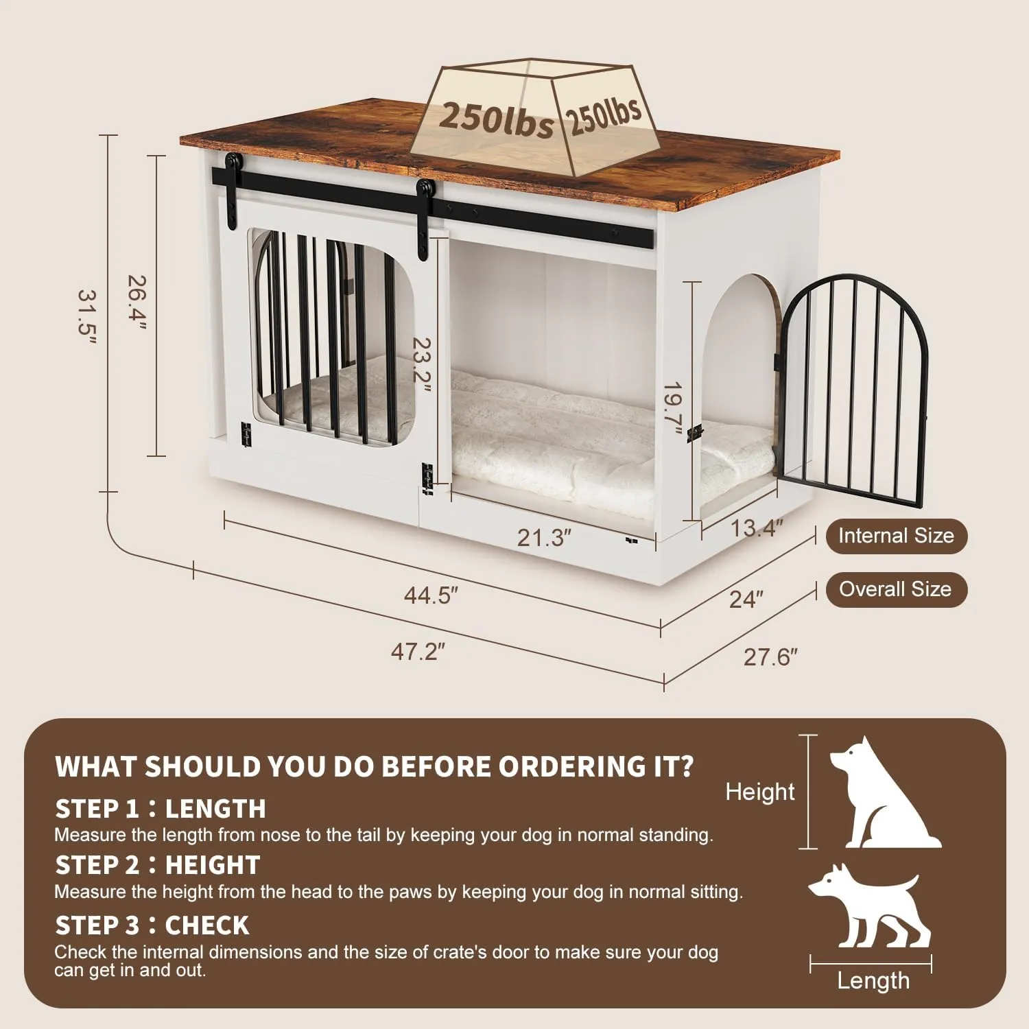 XXL Dog Crate Furniture,47.2 Inches White Kennel Furniture with Cushion Decorative Farmhouse Crate Indoor Thick Wooden Pet House End Table Modern Cage Furniture for Medium/Large Dog