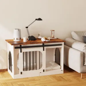 XXL Dog Crate Furniture,47.2 Inches White Kennel Furniture with Cushion Decorative Farmhouse Crate Indoor Thick Wooden Pet House End Table Modern Cage Furniture for Medium/Large Dog