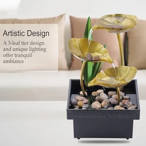 ZOMBIO Tabletop Metal Water Fountain Home Decor Ornaments with Waterfall Desktop Leaf Fountains Deep Basin Natural River Rocks Indoor Zen Relaxation for Decor Office Living Room Bedroom (New)